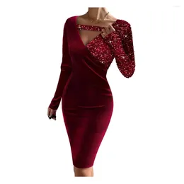 Casual Dresses Figure-flattering Dress Sequin Long Sleeve V Neck Midi With High Waist Chain Decor Thick Warm Sheath Elastic For Fall