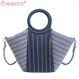 Drawstring Women Crochet Crossbody Bag Large Capacity Weaving Beach Removable Strap Striped Straw Handbag Ladies Summer Daily