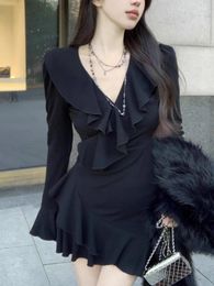 Casual Dresses Black Sexy Elegant Knit One Piece Dress Women V Neck Ruched Y2k Sweater Mini Female Korean Style Chic Clothes 2024 Winter