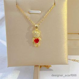 Pendant Necklaces Classic Retro Micro-inlaid Cute Red Love Jewelry Bear Necklace Fashion Personality Movable Stainless Steel Clavicle Chain