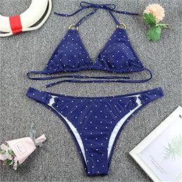 Women's Swimwear Vintage Dot Bikini Rings Sexy Triangle Micro Thong Swimsuit Halter String Push Up Vacation Women Beachwear Bathing Suit