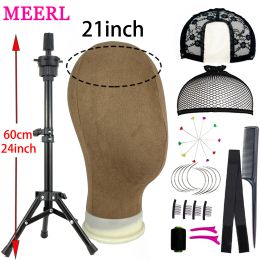 Stands 21/22/23''Training Mannequin Head Canvas Head For Wigs Making Display Wig Hair Brush With T Pin Wig Instal Kit Tripod Wig Stand
