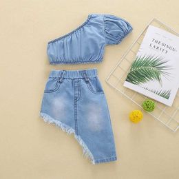 Girl's Dresses New Summer Kids Dress Set Children Off Shoulder Denim Irregular Skirt Girls Outwear Suit H240425