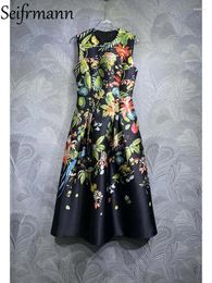 Casual Dresses Seifrmann High Quality Summer Women Fashion Runway Dress Vintage Floral Print Sleeveless Draped O-Neck Slim Fit A-LINE