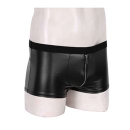 Underwear Luxury Mens Underpants Lingerie Leather Wet Look Zipper Bulge Pouch Low Rise Boxer Briefs Shorts Sexy Tight Drawers Kecks Thong LRWS