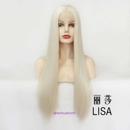 Finest Wig Hairstyles For Women Chemical Fibre front lace half hand hook head cover with fashionable Centre white gold 60# Colour long straight hair wig