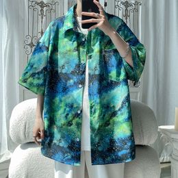 2023 Summer Draping Ice Silk Starry Sky Oil Painting Men's Large Cool Beach Short Sleeved Shirt-p43