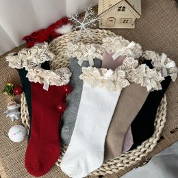 Leggings New Winter Autumn Baby Girls Knee High Socks Lace Ruffle Long Sock Cotton Kids Toddlers Princess Christma Socken For 05Years