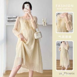 Maternity Dresses Autumn New Square Neck Pregnant Womens Dress Long Flare Sleeve Ruffles Patchwork Sweet Maternity Chiffon Dress Loose Clothes