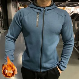 Jackets Zipper Up Plush Hoodies Thick Sports Jackets Men's Outdoor Running Hooded Gym Keep Warm Sportwear Coats Fitness Clothing Blue