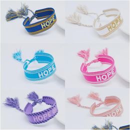 Bangle 10Pcs 2022 Letter Hope Embroidery Fabric Bracelets For Women Girls Handmade Charm Wrap Bracelet Boho Jewellery Wholesale Drop De Dhsza