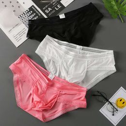 Luxury Mens Underwear Underpants 3PC Briefs Ice Silk U Pouch Men Sexy Lingerie Low-Rise Summer Panties Man Sea Satin Drawers Kecks Thong SBSR