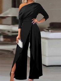 Kobiety Jumpsuits Rompers Elegancki damski kombinezon 2023 Wiosna nowe eleganckie biuro biurowe luźne fałdowanie zimne ramię podzielone dno szerokie nogi kombinezon Y240425