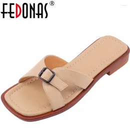 Casual Shoes FEDONAS Low Heels Concise Slippers Women Sandals Genuine Leather Belt Buckle Comfortable Working Woman Summer 2024