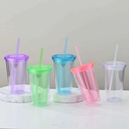 Tumblers Clear Colourful Tumbler 16oz Water Cup With Straw Plastic Travel Mug Double Wall Iced Coffee For Bridesmaid Gift H240425