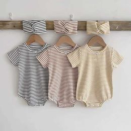 Rompers Summer Baby Clothes Toddler Boys One Piece Striped Infant Bodysuit with Headband H240425