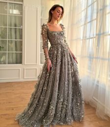 Ebi 2024 Aso Grey Florals A-line Prom Dress Sequined Lace Evening Formal Party Second Reception 50th Birthday Engagement Gowns Dresses Robe De Soiree ZJ319 es