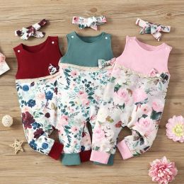 One-Pieces New Summer Baby Clothes Baby Boy Girl Rompers Flower Print Patchwork Sleeveless Baby Rompers+headband 2 Pcs Baby Jumpsuits 018M