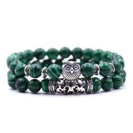 2pcs/set Men and women Natural stone bead owl head charms beaded bracelet set party gift handmade jewelry turquoise beads bracelet wholesale 18 colors styles