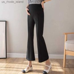 Maternity Bottoms Black Grey High Waist Pregnant Women Trousers Summer Ankle-length Abdominal Flares Pants Front Split Maternity Boot Cut CulottesL2404