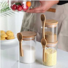 Storage Bottles Jars 1/2 glass food storage jar with wooden lid spoon container grains coffee beans candy kitchen bottle H240425