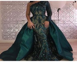 2017 OneShoulder Ball Gown Evening Dresses Illusion Single Shoulder Sleeve Sequins Floor Length Prom Gowns With A Big Overskirt7794386