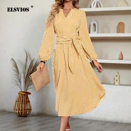 Casual Dresses Autumn Winter Product Elegant Beautiful Womens Dress Comfortable V Street Style Collar Stripe Tie Waist Shirt