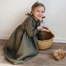 Girl Dresses Children Clothes Autumn Girls Rural Style Fashion Cotton And Linen Plain A-line Long Sleeved Dress Kids For