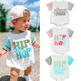 One-Pieces FOCUSNORM 018M Summer Lovely Baby Girls Boys Easter Romper Color Patchwork Short Sleeve Carrot Letter Print Loose Jumpsuits