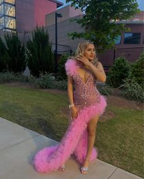 Pink Sparkly Long Prom Birthday Party Dresses for Black Girl 2024 Luxury Diamond Crystal Ruffles Evening Gown robe de bal