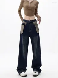Женские джинсы карманы дизайн сплайсинга распущенные ноги ретро -брюки американский винтажный стиль.