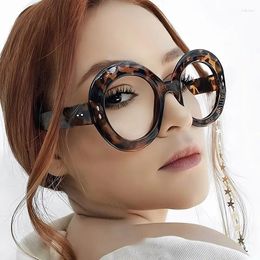 Sunglasses Retro Brand Design Round Thick Edge Leopard Large Femal Frame Pochromic Anti Blue Light Women Reading Glasses Degree 0- 600