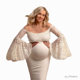 Maternity Dresses Womens Lace Maternity Floral Off Shoulder Photography Gown Patchwork Flared Long Sleeve Maxi Photo Shoot Wedding Dress