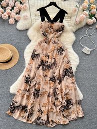 Casual Dresses French Elegant Floral Dress Women Sexy Hollowed Out Backless Beach Long Ladies Vintage Slim A-line Print Holiday