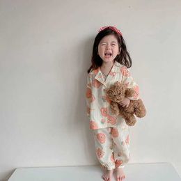 Pajamas 2022 Summer Children Pajama Set Boys Sleeve Trousers Loungewear Girls Cute Bear Sleepwear H240425