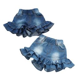 Shorts Girls Denim Shorts 2 Layers Ruffles Lace Teenage Girl Jeans Kids Workout Fashion Skirt Shorts Summer Beach Sports Short Pants H240425