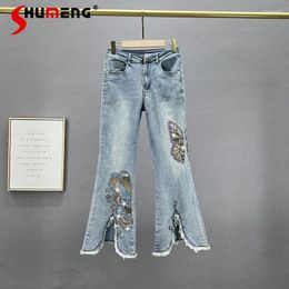 Women's Jeans Split Denim Bell-Bottom Pants Spring Elastic High Waist Slim Slimming European Goods Rhinestone Bootcut Trousers