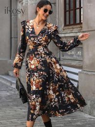 Casual Dresses Women's Long Sleeve V Neck Floral Midi Dress With Lace-up Spring Autumn Elegant Evening Birthday Party Vestido 2024 Robe