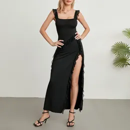 Casual Dresses Women Slip Dress Beach Style Sleeveless Ruffled Slit Solid Summer Long For Cocktail Party