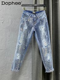 Women's Jeans Large Size Denim Pants Women Harem Trousers 2024 Summer Autumn Embroidery Sequins Blue Ripped Femme Pantalons