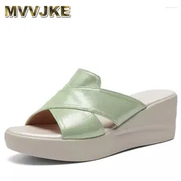 Slippers Genuine Leather Wedges Sandals For Women High Heels Platform Summer Casual Shoes 2024