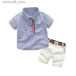 Clothing Sets Summer childrens clothing short sleeved striped shirt pants gentlemanly elegant set casual Q240425