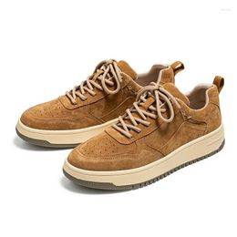 Casual Shoes Brown Leather Skateboarding For Men Athletic Sneaker Mid Top Anti-slip Soft Lace-up Breathable Footwear