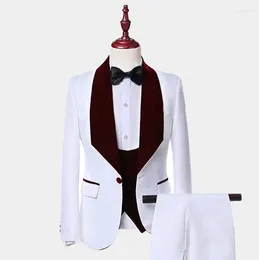 Men's Suits Style Groomsmen White And Burgundy Groom Tuxedos Shawl Lapel Men Wedding Man ( Jacket Vest Pants Tie ) Z154