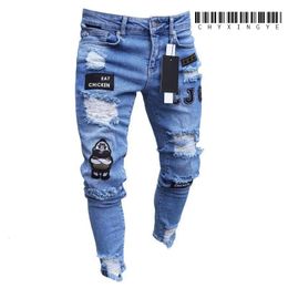 White Embroidery Skinny Ripped Jeans Men Cotton Stretchy Slim Fit Hip Hop Denim Pants Casual for Jogging Trousers 240417