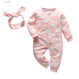 Rompers Four Season Baby Girl Snap Romper Clothes for New Born with Headband Cotton infants Girl Long Sleeve Clothing for 0 to 18months d240425