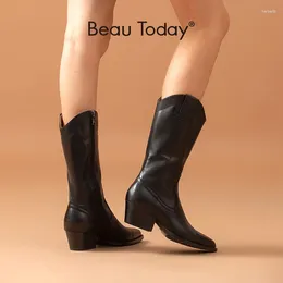 Boots BeauToday Cowboy Women Cow Leather Mid Calf Side Zip Pointed Toe Autumn Fashion Ladies Shoes Handmade 06106