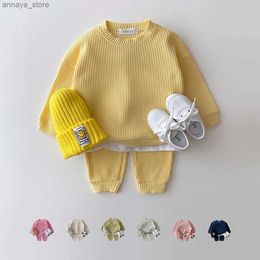 Giyim Setleri 2024 Kore yürümeye başlayan bebek giysiler için bebek bebek giysileri seti mock iki parçalı waffle pamuk sweatshirt+pantolon 2pcs outfitl2404