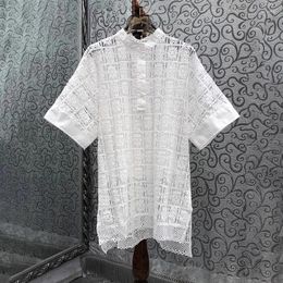 Women's Blouses Tops Fashion Designer 2024 Autumn Style Women Allover Crochet Lace Embroidery Short Sleeve Elegant Long White Top