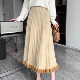 Skirts Elegant Women Long Pleated Knitted For Female Thick Casual Loose High Waist A-Line Midi Skirt 2024 Autumn Winter SK97